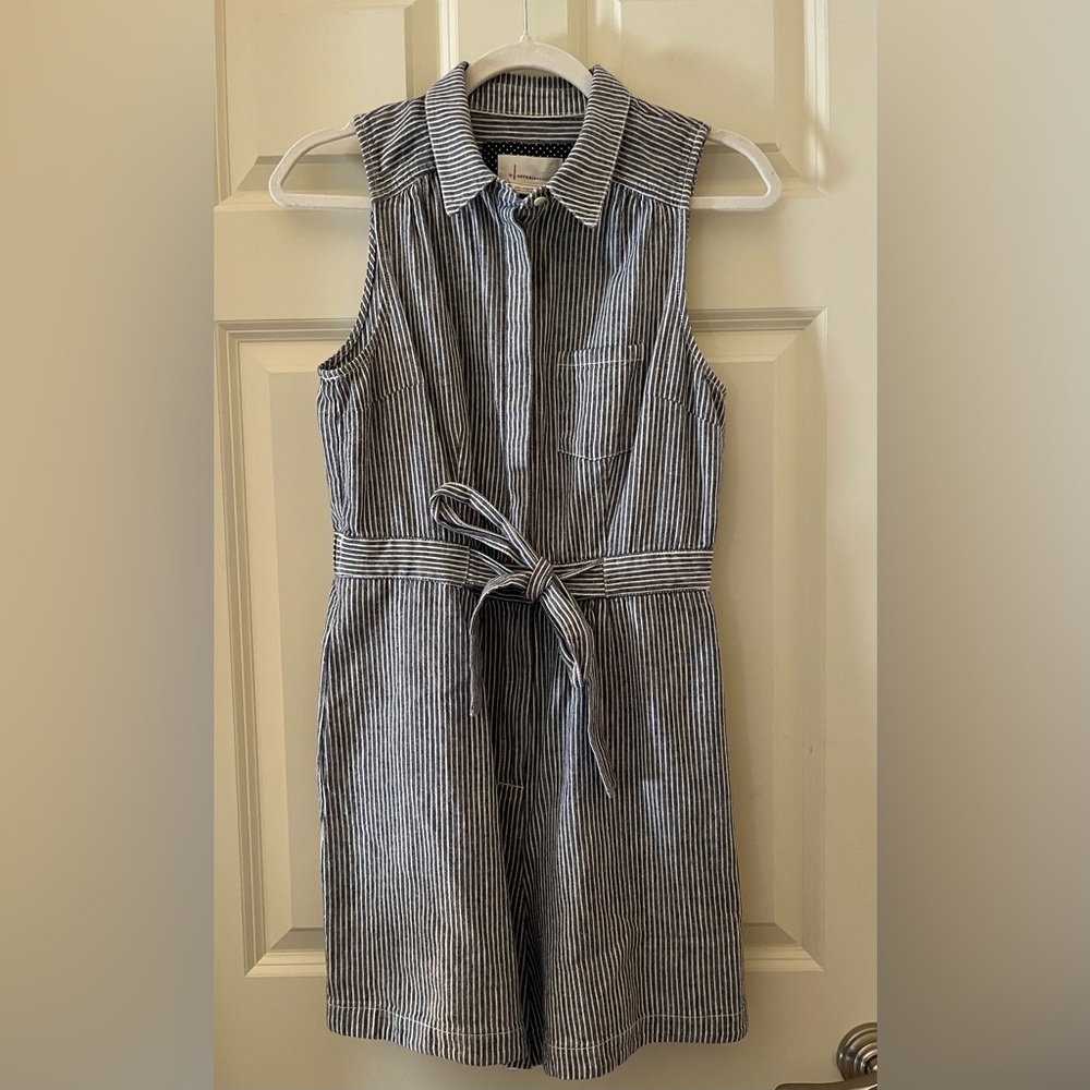Anthropologie Sleeveless Blue White Nautical Railway Stripe Linen Blend Romper 4